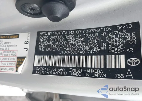 2010 Toyota Prius Iv из США, поврежденный, VIN JTDKN3DU4A0174731